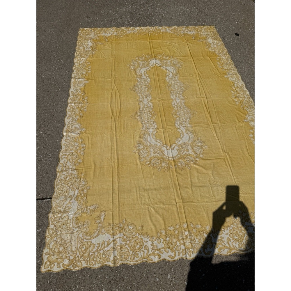 Vintage Mustard Yellow 90x60 Vinyl/Oil Cloth Backing Damask Table Cloth 1950-70‎